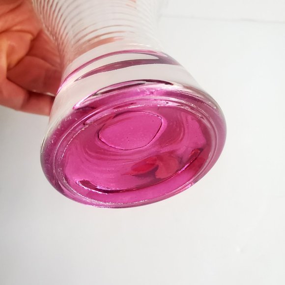 Modernist Ribbed Glass Bud Vases Set of 2 Fuchsia Colour Wide Mouth Trumpet Top - Picture 3 of 4